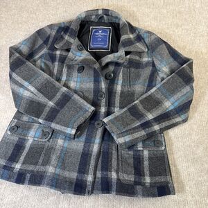 American Eagle Women’s Pea Coat XL‎ Gray Plaid Wool Winter Outerwear